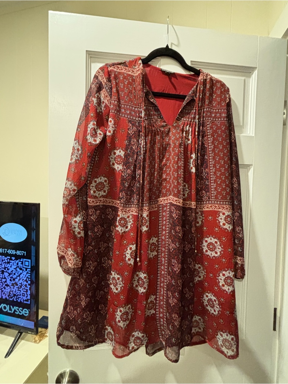 Boho-Inspired Red Printed Long Sleeve Tunic Dress